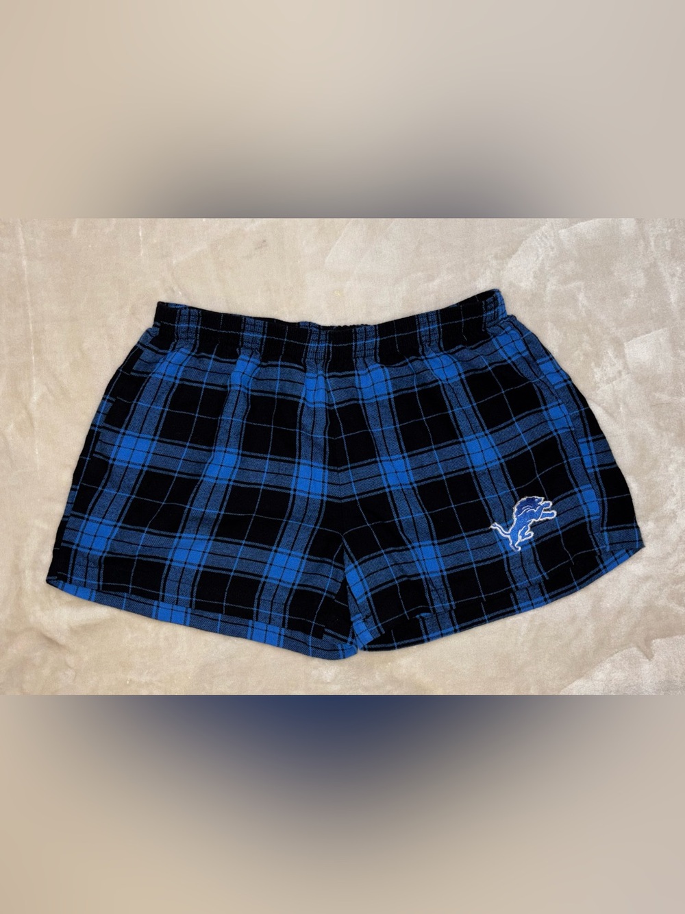 NFL Blue and Black Plaid Sleep Shorts with Detroit Lions Logo